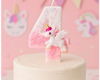 Unicorn candle Birthday Cake Topper Pink Glitter Number accent
