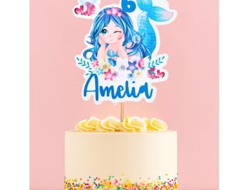Personalised mermaid cake topper, custom cake topper with any name and age birthday cake topper