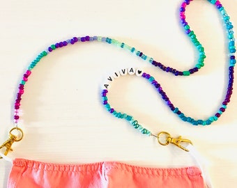 Custom Mask Lanyard Chain for Kids and Adults, Personalized Mermaid & Rainbow Multi Color Beaded w/ Gold Clasps, Ombre Style Colorful Chains