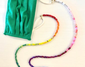 Rainbow Mask Lanyard Chain for Kids and Adults, Multi Color Beaded Chain with Gold Clasps, Ombre Style Customizable Personalized