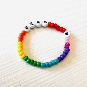 Rainbow Block Stretch Bead Bracelet by Aviva with Heart- Customizable Name Stackable Personalized Jewelry for Kids and Adults