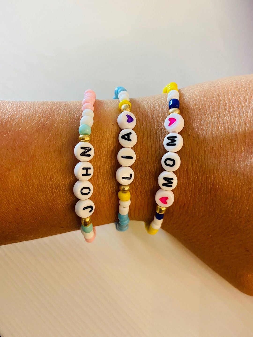 Customizable Matching Personalized Mommy and Me Kids Letter Bracelet  Stackable Star Charm Detail Stretch Friendship Beads Alphabet 
