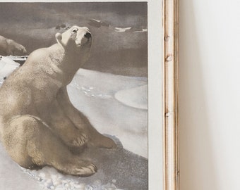 Polar Bear poster | Vintage winter poster | Vintage snow print | Polar Bear painting giclee print | Vintage winter wall art | Winter art