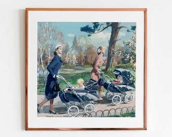 Mothers Strolling Through the Park | Vintage Spring Decor | Mothers With Babies Poster | Mother's Day Gift | Gift for Mom | Baby Shower