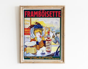 La Framboisette poster | French Wine and Spirits Poster | Vintage French Bar Cart Decor | 19th Century Liquor Ad | Vintage Liquor Print