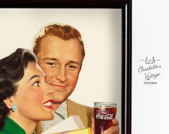 Vintage Coca Cola Couple Poster | 1950s Soda Poster | Vintage American Art | Coca Cola Advertisement | Vintage Kitchen Decor | Coke Bottle