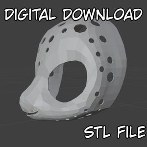 Puede incluir: Una máscara gris claro renderizada digitalmente, con numerosos agujeros circulares y hexagonales. La máscara tiene una forma redondeada con un hocico prominente y una gran abertura para la cara. El texto en la parte superior dice "DESCARGA DIGITAL" y en la inferior "ARCHIVO STL."