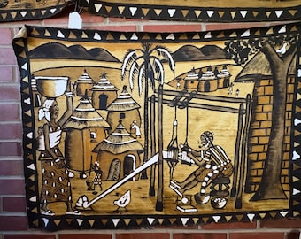 Tapiz de pared auténtico maliense de bogolan (tela de barro), "Artesanos"
