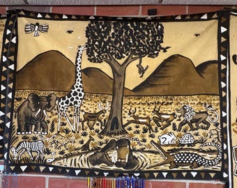 Authentic Malian Bogolan (Mudcloth) Tapestry wall hanging, "Harmonious Animals"
