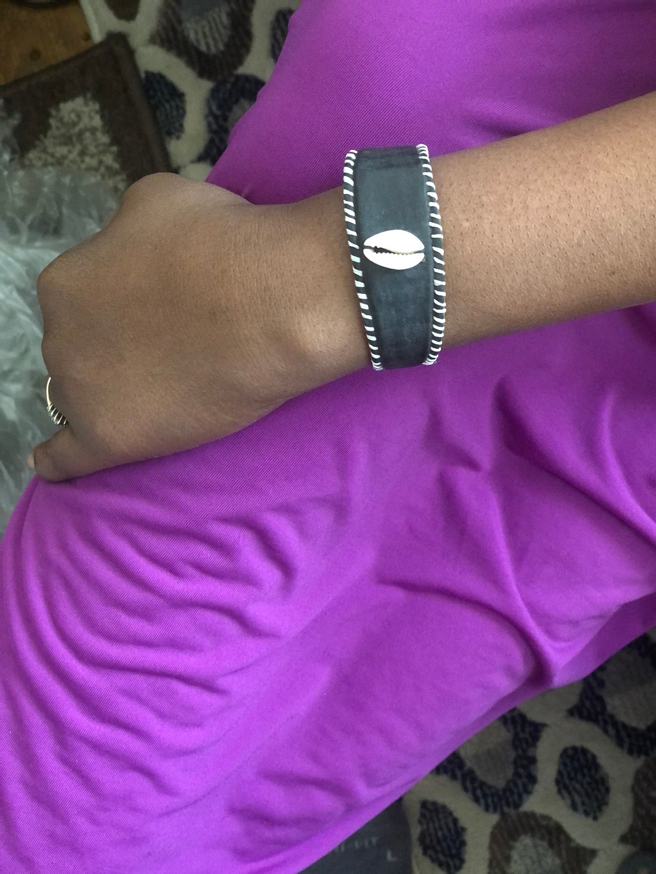 BLACK Malian Leather Strap Bracelet With Seashell Etsy