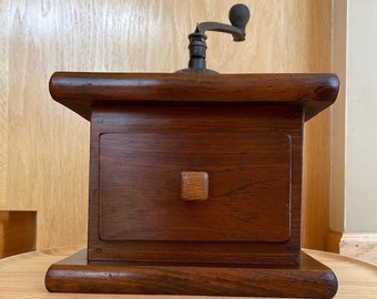 Vintage Counter Top Wooden Box with Metal Coffee Grinder