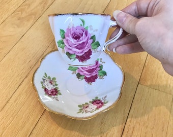 Gorgeous Pink Rose Pattern Octagonal Afternoon Tea Cup and Saucer from Rosina Bone China Made in England