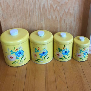 GORGEOUS Vintage Mid Century Ransburg White Floral Tin Canisters Set of Four