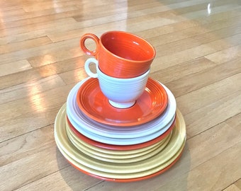 Fun Midcentury Vintage Ceramic Genuine Fiesta / Fiestaware HLO Made in USA 12 Piece Dish Set in Yellow, Orange, White