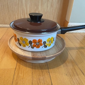 Vintage 1970s 1.5 Qt. Enamelware Saucepan Pot with vibrant oragne and yellow floral design -Made in Austria
