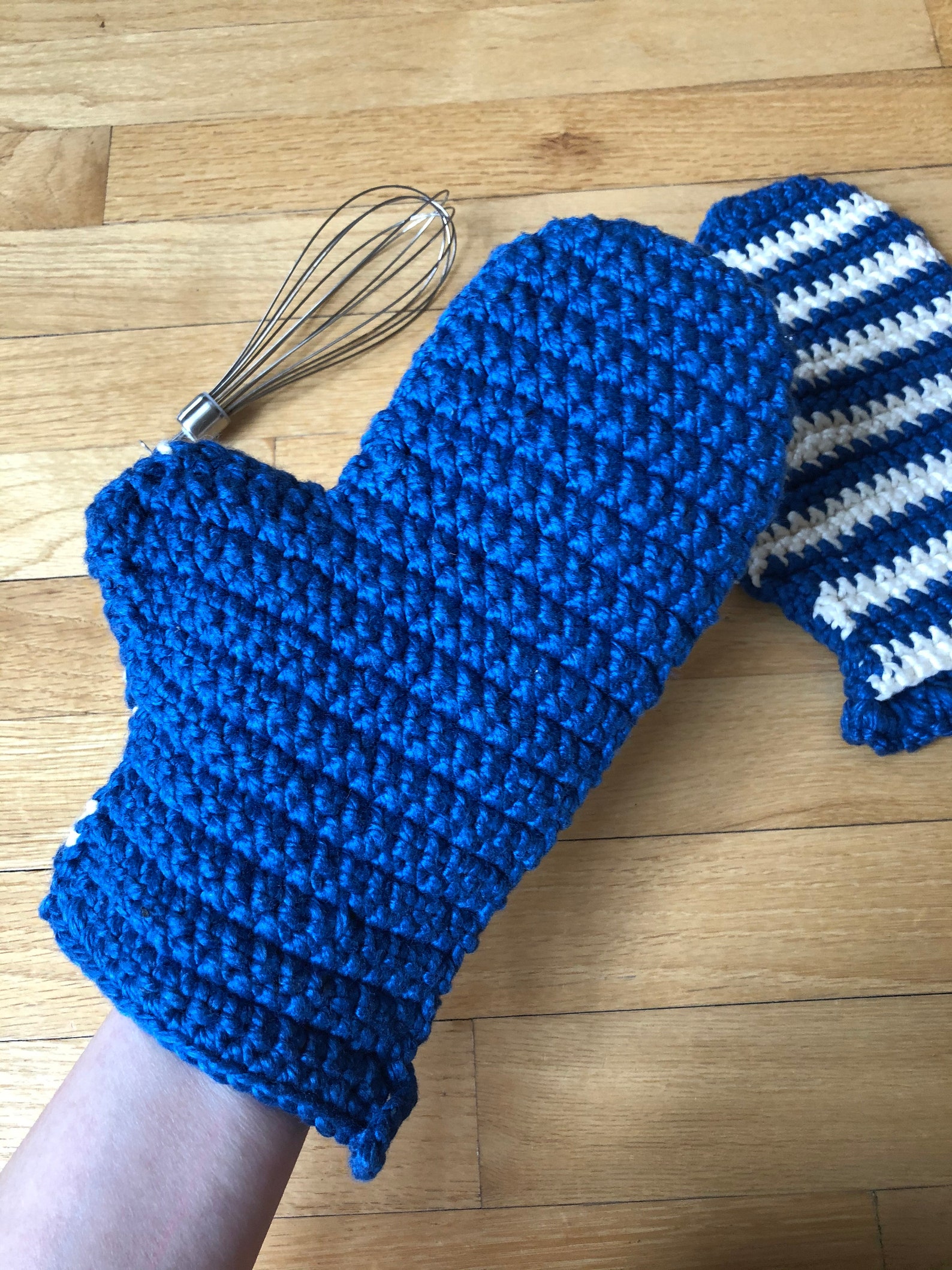 Vintage Handmade Blue and White Striped Thick Knit Oven Mitts Etsy