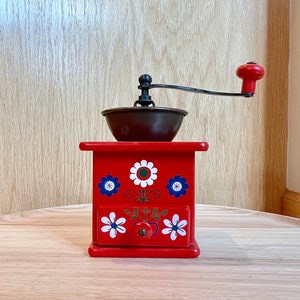 Adorable Vintage Counter Top Hand Painted Wooden Box with Metal Coffee Grinder