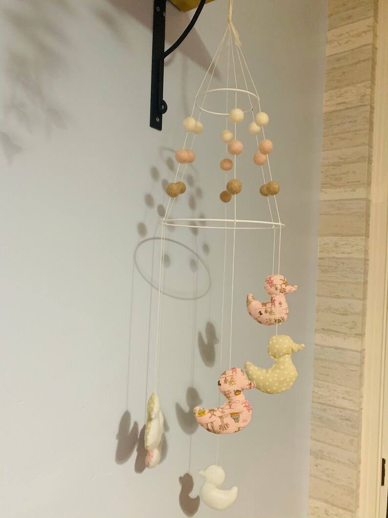 duck decor nursery decor Pink beige and white baby mobile