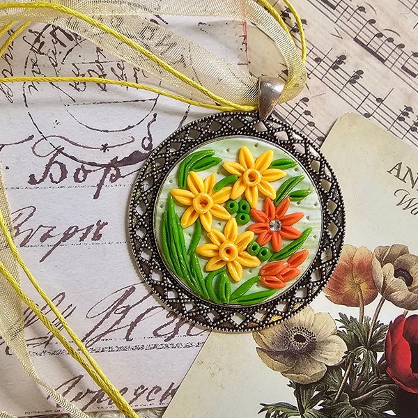 Handmade floral polymer clay pendant necklace, springtime flower necklace, one of a kind clay jewellery, ceramic floral art jewellery