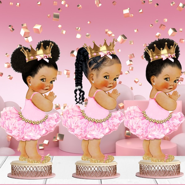 Set Of Three Cutouts - Centerpiece - Party Decor - Table Decor - Pink Princess Ballerina Baby - Centerpieces with Wood Stand - Afro Princess