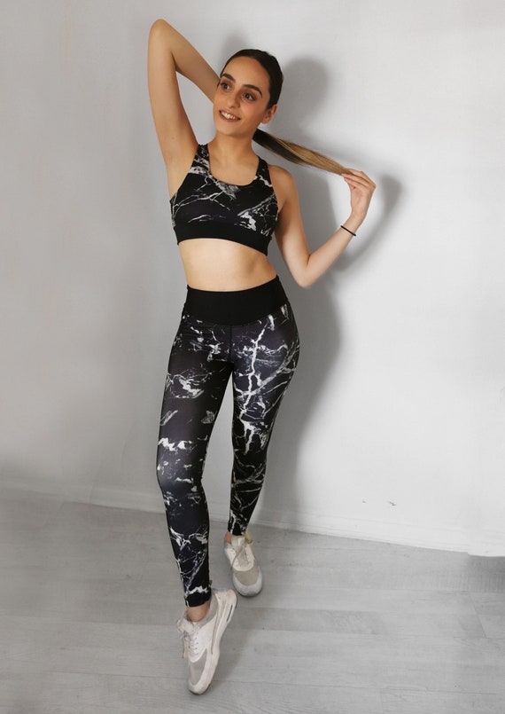 Black Marble Print Leggings Yoga Pants Opaque Gym Dance Aerial