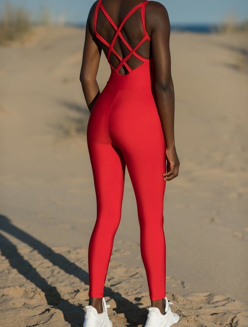 Red Criss Cross Cage Open Back Yoga Jumpsuit Catsuit Gym Dance Aerial Pole Dance Active Sports Suit Activewear Pilates Salsa Bachata Kizomba