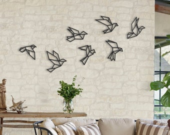Arte de pared de metal con forma de colibrí: Decoración geométrica moderna de pájaros (7 piezas)