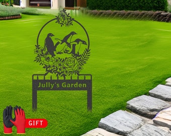 Custom Metal Penguin Garden Sign: Personalized Family Name Monogram