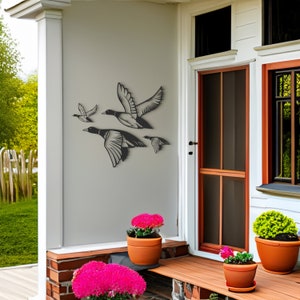 Playful Duck Family Silhouette Black Metal Wall Decor