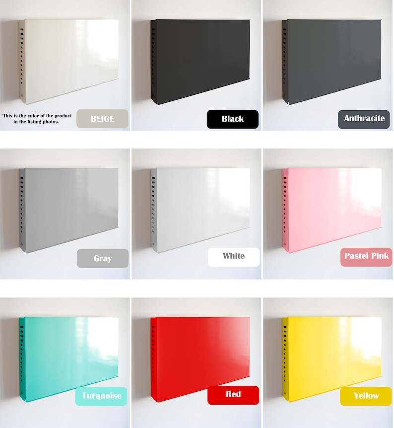 May include: A collection of rectangular metal panels in various colors, including beige, black, anthracite, gray, white, pastel pink, turquoise, red, and yellow. Each panel has a side with a series of small holes.