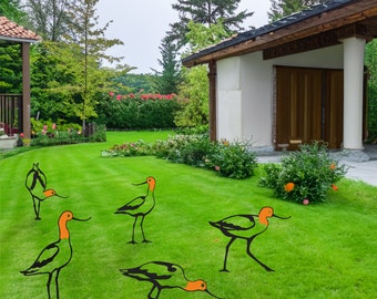 Metal Avocet Yard Art: Set of 5 Black & Orange Garden Bird Sculptures