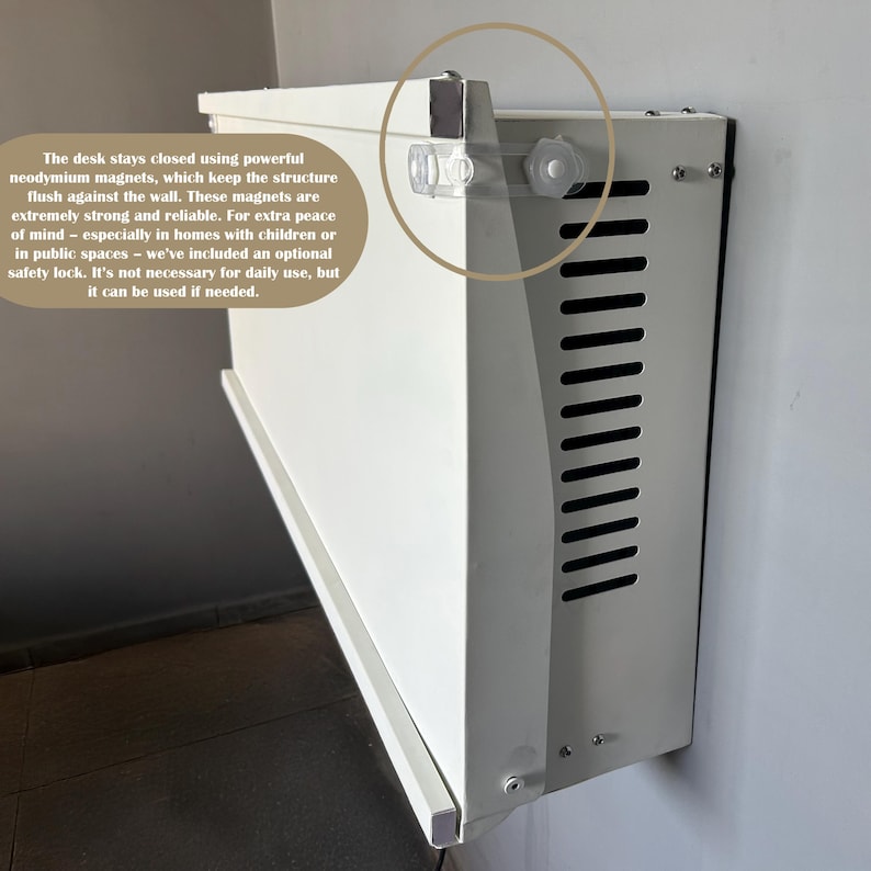 May include: A white, wall-mounted desk with a rectangular design. The desk features a series of ventilation slots and a safety lock mechanism. The text on the image states the desk uses neodymium magnets to stay closed.
