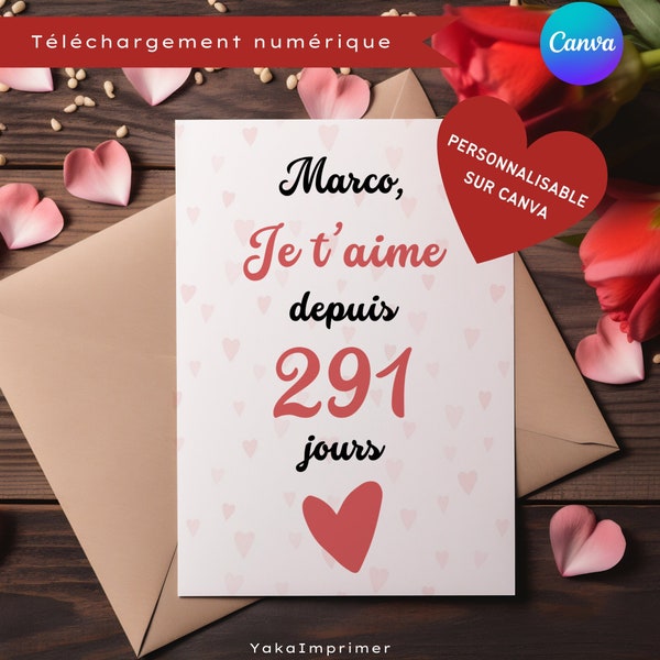 Carte de Saint-Valentin en français, modèle Canva personnalisable à imprimer, idée cadeau pour couple, anniversaire de mariage