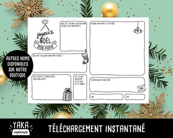 Bon-papa, carte de Noël, fichier à imprimer en français avec questions à faire remplir par votre enfant (téléchargement instantané)