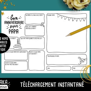 Papai, cartão de aniversário, arquivo para imprimir em francês com perguntas para seu filho preencher (download instantâneo)