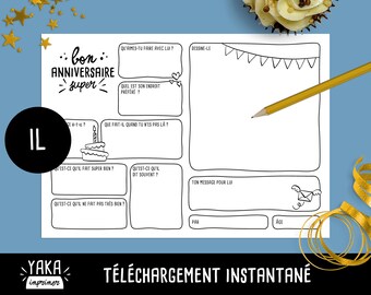 Il, birthday card, printable file in French with questions for your child to fill out (instant download)