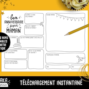 Maman, carte d'anniversaire, fichier à imprimer en français avec questions à faire remplir par votre enfant (téléchargement instantané)
