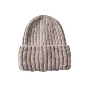 May include: A beige knitted beanie hat with a ribbed texture.