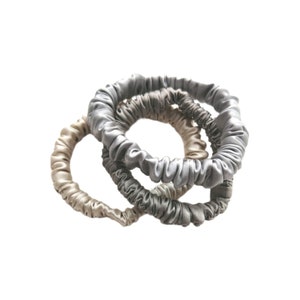 MILLIES™ (Set of 3) 100% Mulberry Silk Slim Skinny Scrunchies Scrunchie  Premium Grade 6A 22 Momme - Silver, Dark Grey & Champagne