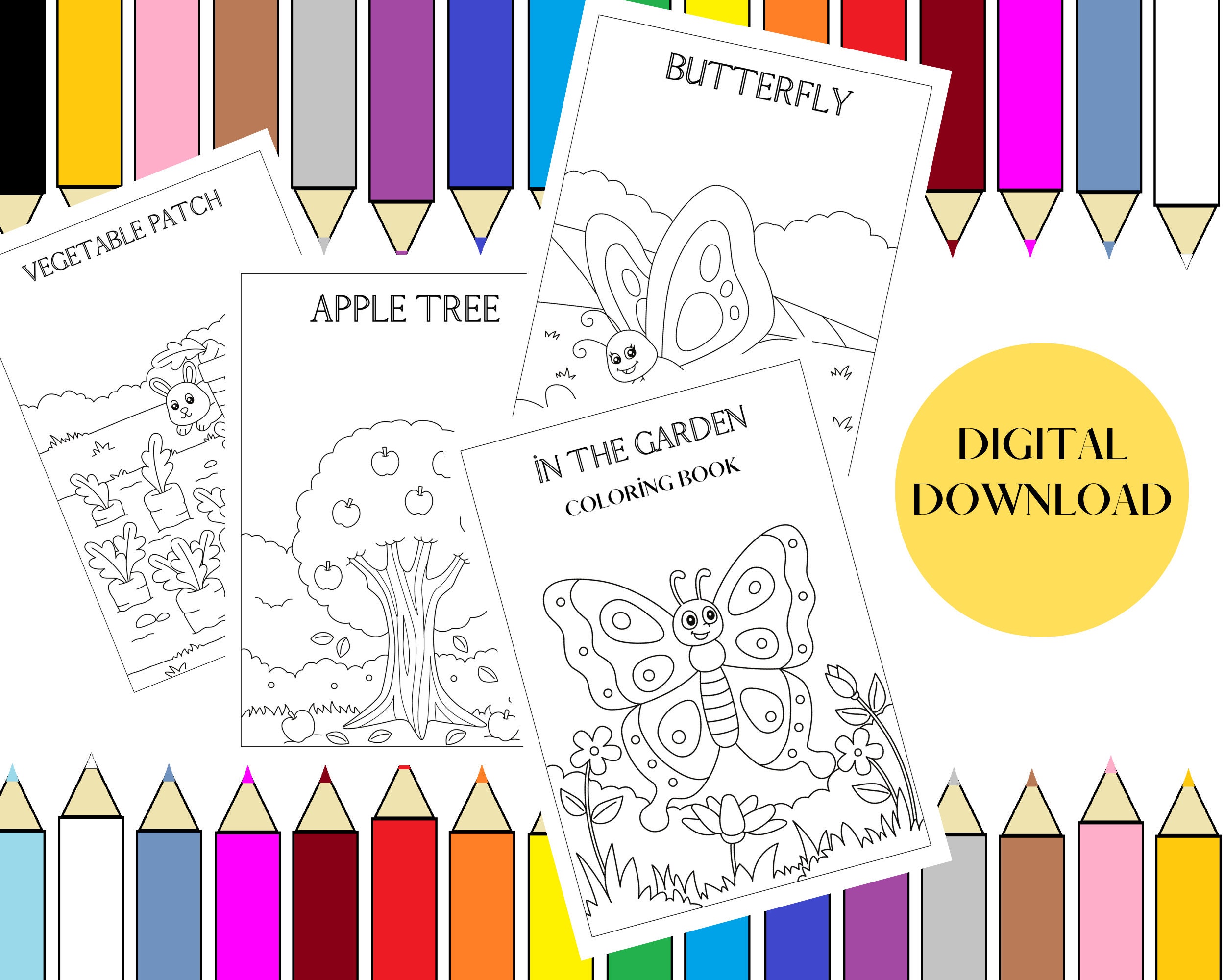 17 PAGES - Garden coloring book for kids - Toddler activity book - holidays, party activities-DIGITAL DOWNLOAD -A4,A5, half and letter size