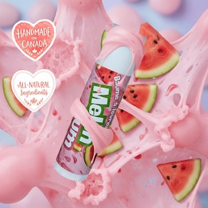 May include: A cylindrical lip balm tube labeled Melum Baume à lèvres, surrounded by pink slime and watermelon slices. Two heart-shaped badges are present, one reading Handmade in Canada and the other reading All-Natural Ingredients with maple leaf icons.