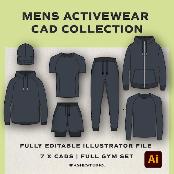 Menswear Sportswear Activewear CAD Collection | Essential Sportswear Adobe Illustrator | Fashion Flats | Ai Fashion Design CAD Templates