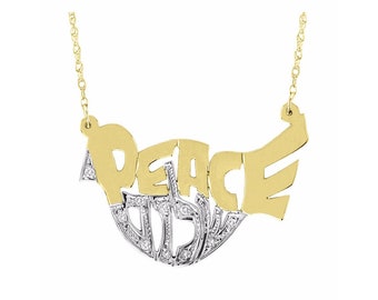 Diamond Peace Shalom Pendant Necklace 14K Yellow or 14K White Gold.  Special Order, Made to Order.