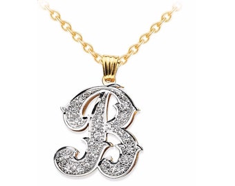 Personalized Diamond Initial Pendant Necklace 14k Yellow or 14K White Gold.  Special Order, Made to Order. With 18 inch chain. 20X15mm