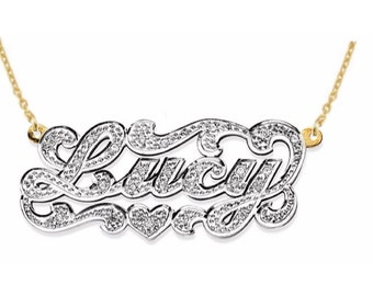 Personalized All Diamond Nameplate Pendant Necklace 14K White or 14K Yellow Gold.  Special Order, Made to Order.