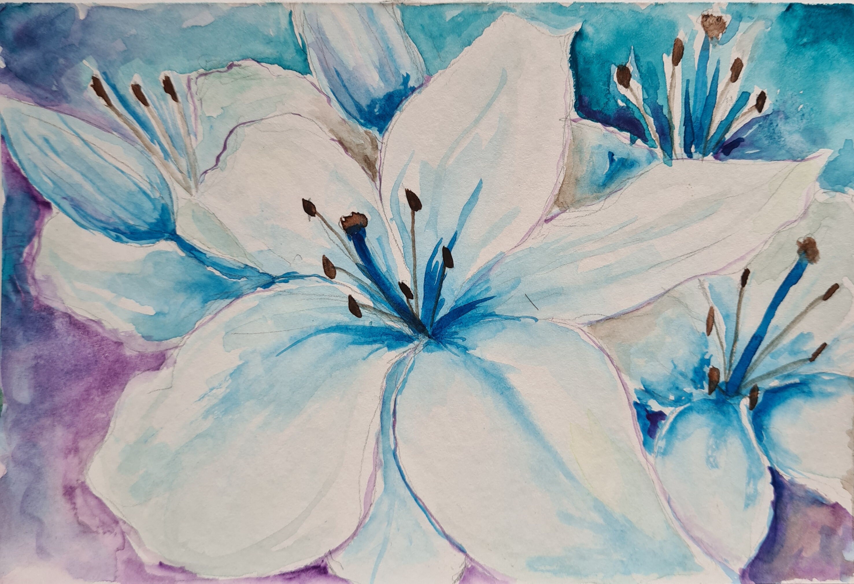 Lilies Painting Blue Lily Watercolor Original Painting Floral Etsy