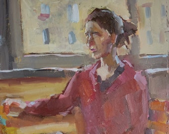 May include: A painting of a person sitting in a chair, wearing a red shirt and blue jeans. The person is looking out a window, and the painting is done in a loose, impressionistic style.