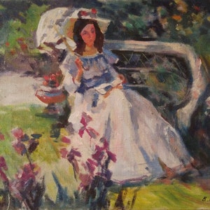 Original oil Painting,Vintage Female portrait,European Fine Artwork,Artist Knyshevsky,Lady in Garden,One of kind