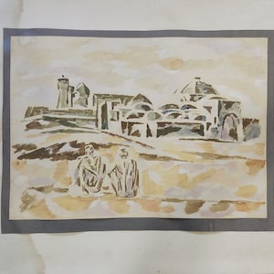 May include: A watercolor painting depicting a cityscape with buildings and two figures in the foreground. The buildings are painted in shades of brown, green, and gray, with a white dome on top of one of the buildings. The figures are painted in shades of brown and white, and they are sitting on a hill in the foreground.