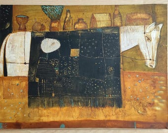 Pintura abstracta original, artista de vanguardia, obra de arte al óleo vintage, arte vintage, pieza única.